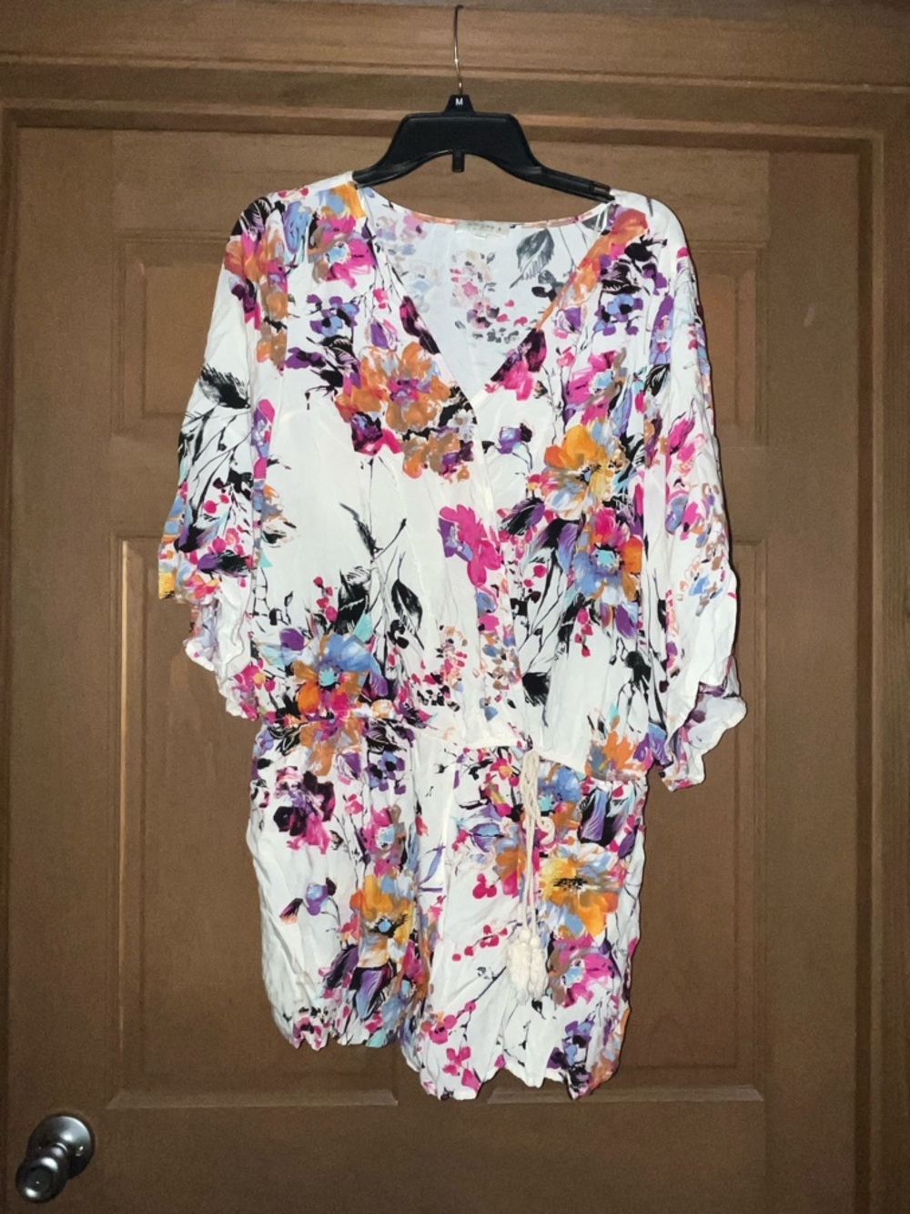 Umgee White Floral Romper with Pink, Orange & Purple Blooms